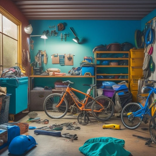 A cluttered garage with scattered tools, bicycles, and storage bins, with a few feminine touches like a yoga mat and a purse tossed aside, surrounded by chaos and disorganization.