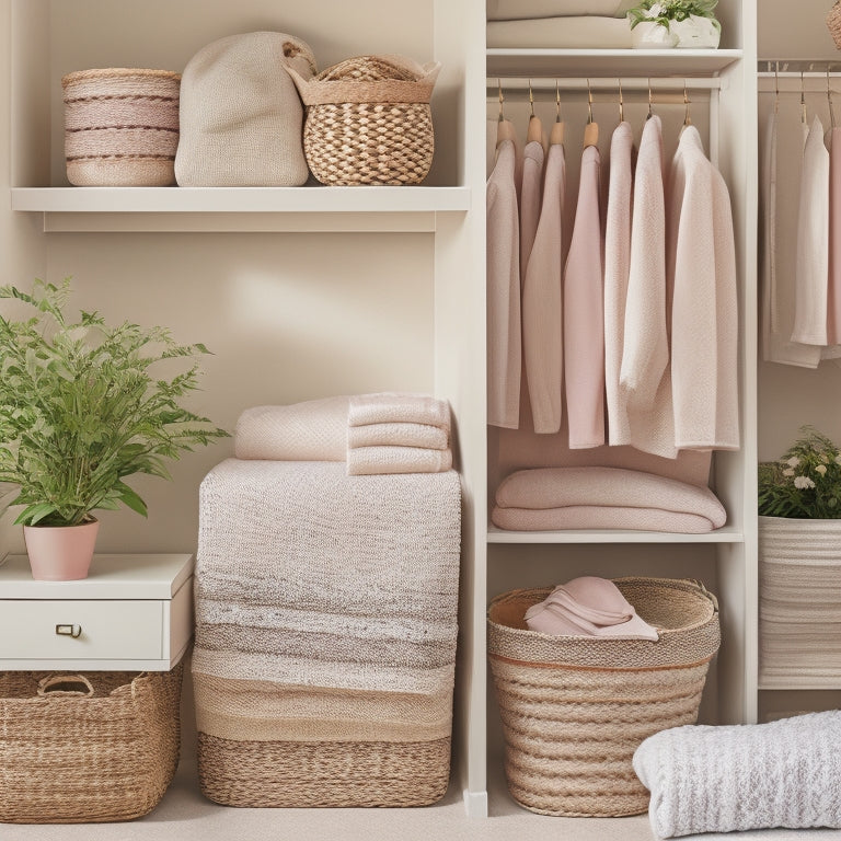 A serene, uncluttered closet with neatly folded and stacked seasonal bedding sets in pastel hues, surrounded by woven baskets and a few potted plants on a wooden shelf.