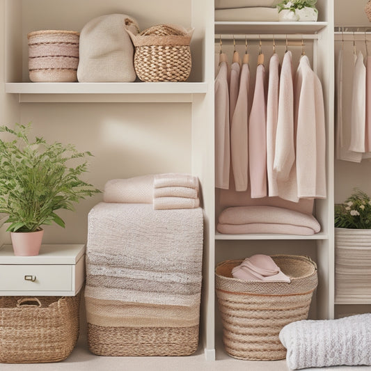 A serene, uncluttered closet with neatly folded and stacked seasonal bedding sets in pastel hues, surrounded by woven baskets and a few potted plants on a wooden shelf.