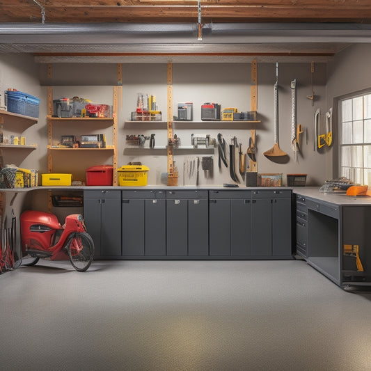 A well-lit garage with a sleek, gray epoxy floor, featuring a pegboard with neatly hung tools, a row of labeled storage bins, and a tidy workbench with a few organized projects.