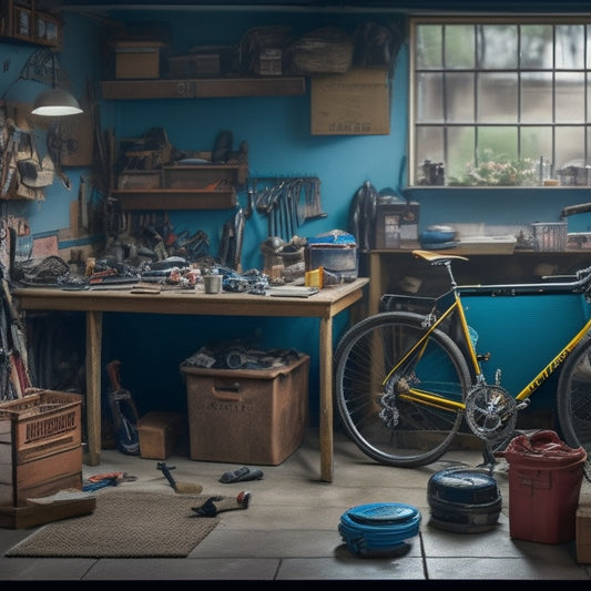 A cluttered garage with bicycles, tools, and boxes scattered around, a workbench in disarray, and a car parked awkwardly in the corner, with a hint of frustration and chaos in the atmosphere.