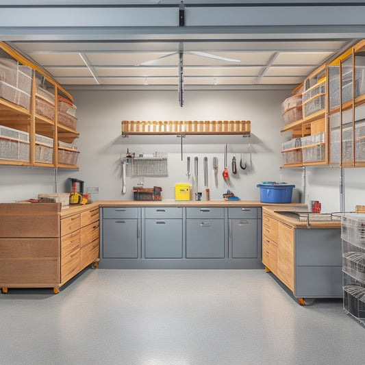 A clutter-free garage with a sleek, gray epoxy floor, organized tool stations, transparent storage bins, and a slatted wooden workbench under a row of pendant lights, surrounded by white walls.