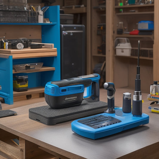 A clutter-free workbench with a 3D-printed ergonomic grip on a cordless drill, a customizable phone holder, and a precision-crafted socket organizer in the background.