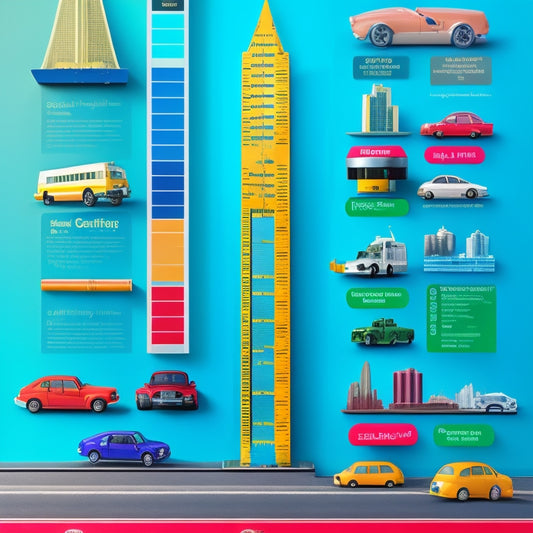 A vertical infographic featuring a cityscape with various vehicles parked alongside a giant ruler, with measuring tape unfurling from the top, and colorful icons representing different vehicle types.