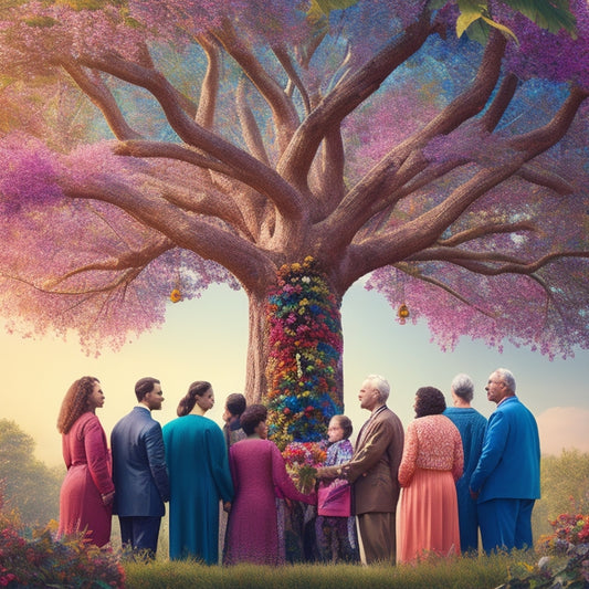 A vibrant illustration depicting diverse individuals of all ages gathered around a large, blossoming tree, with colorful threads weaving together, symbolizing interconnectedness and collective impact.
