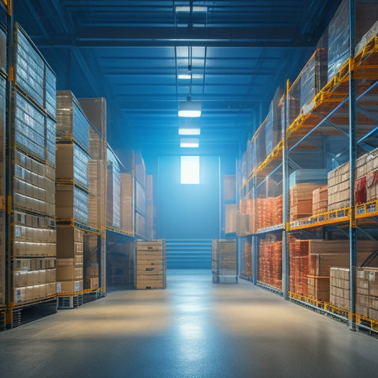 A modern warehouse interior with rows of sturdy, gray metal shelves, stacked with crates and boxes of varying sizes, lit by bright overhead lighting, with a few tools and a ladder in the background.