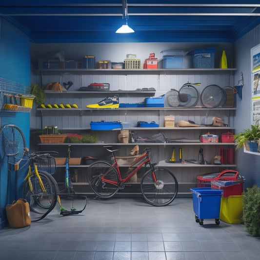 A clutter-free garage with steel shelving units, stacked plastic bins, and a pegboard adorned with hanging tools, bicycles, and a lawn mower, illuminated by overhead LED lighting.