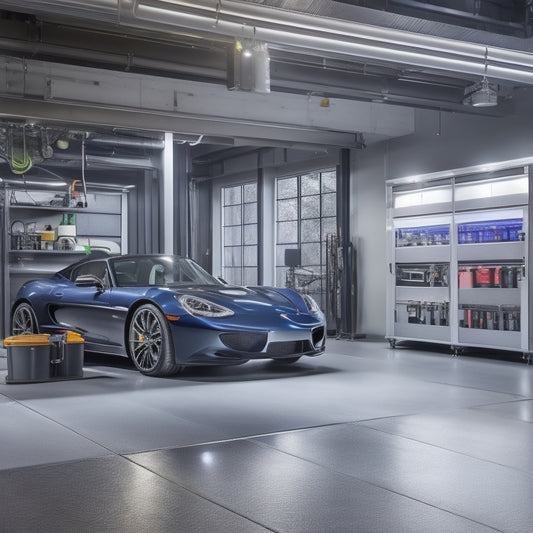 A modern, well-lit garage with epoxy-coated floors, sleek silver cabinets, and a hydraulic lift, surrounded by organized tools and a shiny, black sports car.