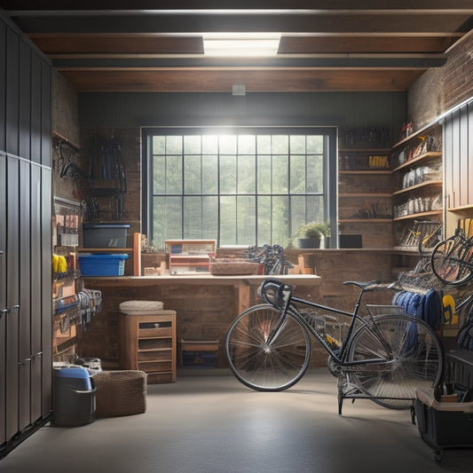 A well-organized garage with slatted walls, steel cabinets, and modular shelving units, filled with bicycles, tools, and storage bins, illuminated by natural light pouring through a large window.