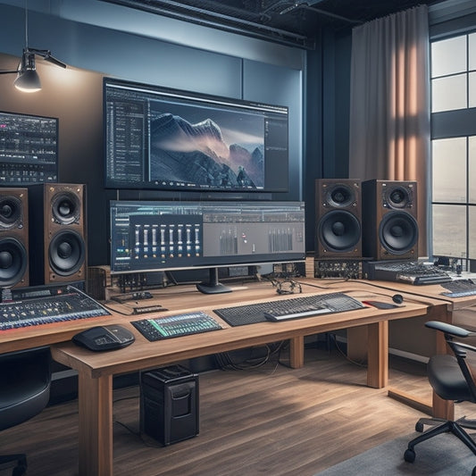 A futuristic, sleek studio setup with a central desk, surrounded by neatly organized music gear, cables, and a large screen displaying a intuitive, grid-based interface for managing equipment.