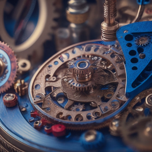 An intricate clockwork mechanism with interlocking gears, surrounded by faint gridlines, with a subtle gradient of blue to red hues, conveying complexity and precision.