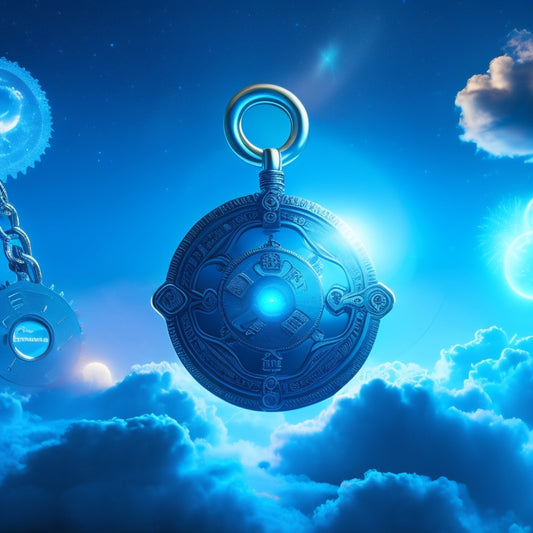 A stylized, futuristic illustration of a glowing blue key unlocking a celestial, cloud-shaped padlock, surrounded by orbiting gears, circuits, and subtle, shimmering azure lights.