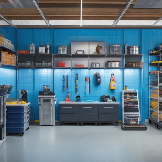 A well-organized garage with slatwall panels, adjustable shelving units, and clear bins storing tools and accessories, surrounded by a clean floor and a sense of calm productivity.