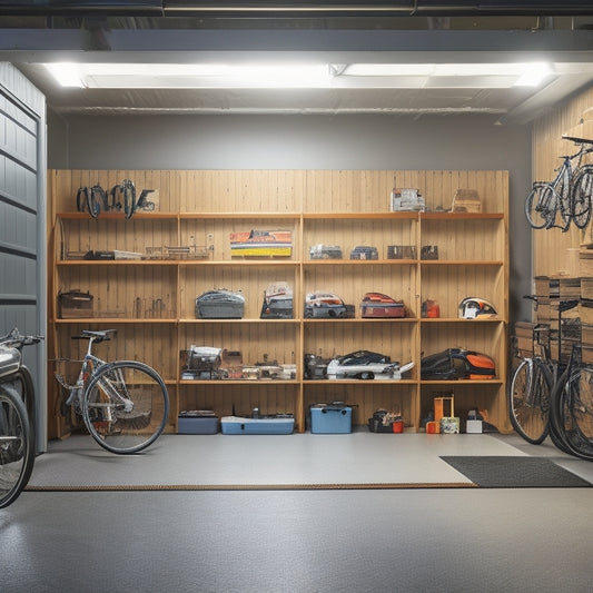 A well-lit, spacious garage with sleek, floor-to-ceiling storage units, labeled bins, and a pegboard with organized tools, alongside a parked car and a few neatly arranged bicycles.