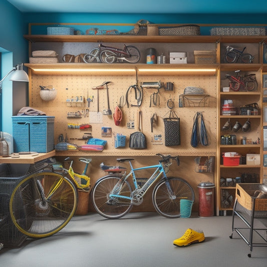 A tidy small garage with a pegboard on the back wall, bicycles suspended from the ceiling, and a compact shelving unit against the side wall, filled with labeled storage bins.
