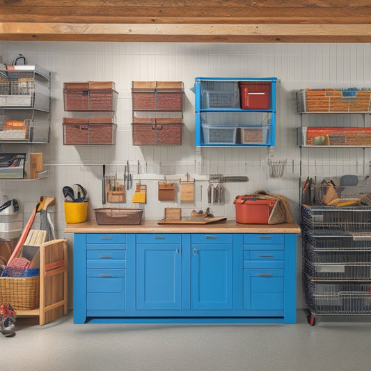 An organized garage with a slatwall adorned with hooks, bins, and baskets, a modular shelving unit, and a sleek workbench with built-in cabinets and a stainless steel countertop.