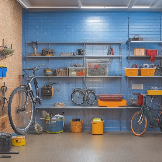 A clutter-free garage with a pegboard on the wall, hooks holding bicycles and tools, and labeled bins on shelves, surrounded by a sleek epoxy floor and LED lighting.