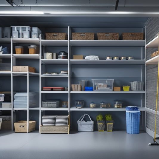 A tidy garage interior with three rows of shelves, each stacked with labeled storage bins, baskets, and baskets, against a light-gray concrete wall with a single, overhead LED light.