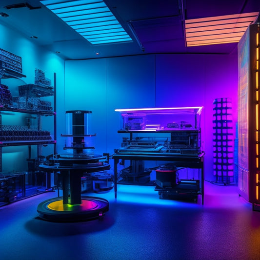A futuristic, dimly-lit laboratory with a 3D printer in the center, surrounded by vinyl records in various stages of production, with spiral grooves and vibrant colors.
