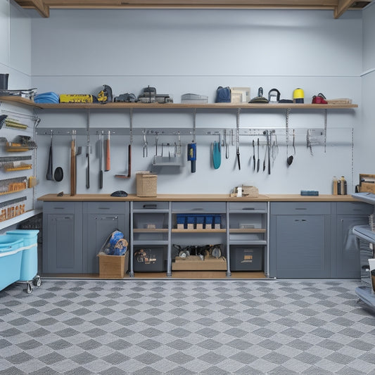 A clutter-free garage with a sleek, epoxy-coated gray floor, organized tool pegboards, and a custom slatwall with baskets, bins, and a few strategically placed LED lights, set against a clean, white backdrop.