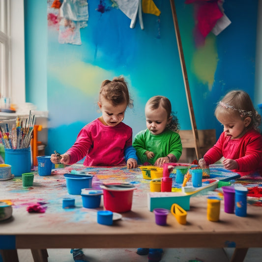 A vibrant and messy art studio with tiny tables, colorful paints, brushes, and canvases, surrounded by curious toddlers in smocks, holding paint-covered hands and exploring their artistic sides.