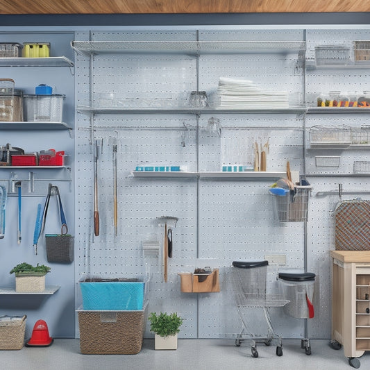 A clutter-free garage with a sleek, silver pegboard on one wall, filled with neatly hung tools and baskets, and a row of matching, labeled storage bins on a shelving unit below.