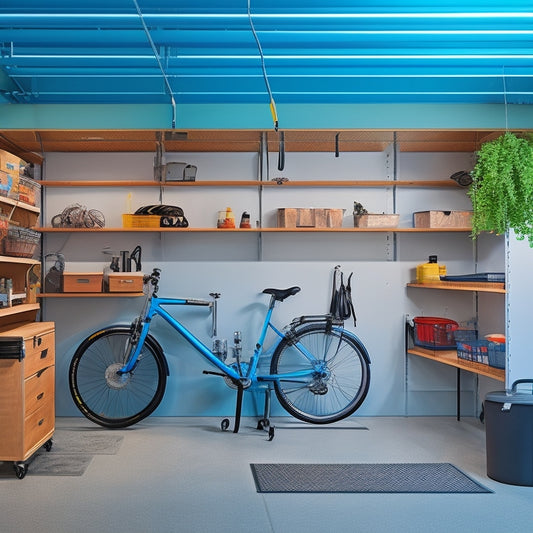 A clutter-free garage with sleek, silver storage bins, a pegboard adorned with neatly hung tools, and a ceiling-mounted bike rack, illuminated by a modern, industrial-style pendant light.