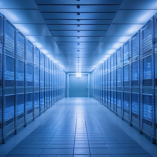 A futuristic, high-ceilinged archive room with rows of sleek, silver storage units, soft blue lighting, and a single, glowing artifact suspended in a central, hermetically-sealed case.