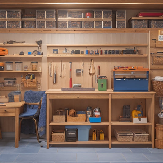 A clutter-free garage with a sturdy, wooden storage bench featuring three drawers and a lift-top storage compartment, surrounded by organized tools and accessories on pegboards and shelves.