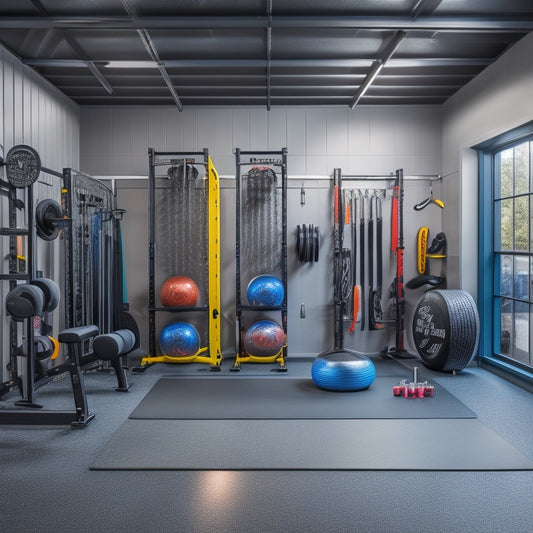 A well-organized garage gym with mirrored walls, grey rubber flooring, and a variety of equipment including a squat rack, treadmill, exercise balls, and kettlebells, all neatly arranged and spaced.