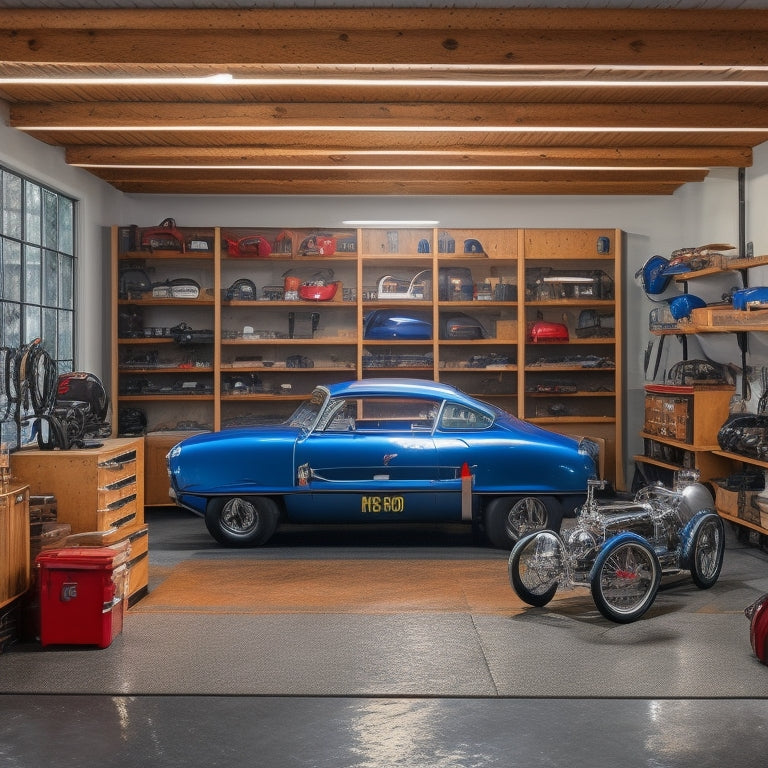 A well-lit, expansive garage with epoxy-coated floors, sleek cabinetry, and a car lift, surrounded by tool-adorned pegboards, a vintage sports car, and a few strategically placed racing helmets.