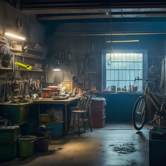 A dimly lit garage with cluttered shelves, rusty tools, and dusty bicycles, surrounded by cobwebs, with a single, faint lightbulb hanging from the ceiling, casting a faint glow on the messy floor.