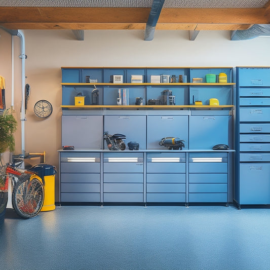 A clutter-free garage with a sleek, wall-mounted modular storage system featuring silver metal frames, wooden cabinets, and bins in various sizes, surrounded by a polished concrete floor and natural light.
