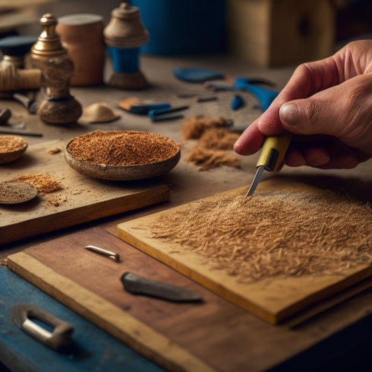 A close-up of a person's hand holding a template with various drawer handle designs, placed on a cluttered workshop table with scattered tools and wood shavings.