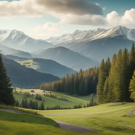 A serene mountain landscape with a prominent ski lift in the distance, surrounded by lush green trees and a few upscale homes, with a subtle hint of a bustling town in the valley below.