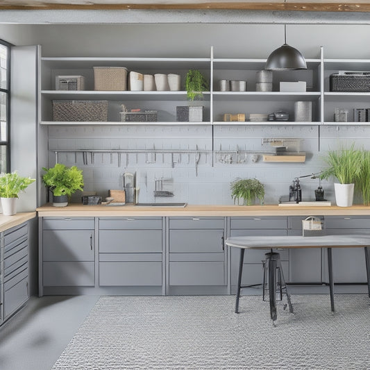 A clutter-free garage with a sleek, gray epoxy-coated floor, organized tools on pegboards, and a row of matching silver cabinets with sliding drawers, surrounded by a few well-placed plants.