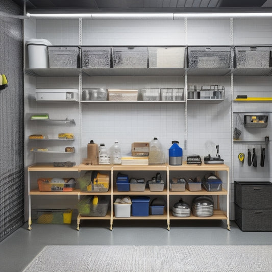 A well-organized garage interior with a sleek, silver pegboard on the wall, holding various tools and accessories, alongside a slide-out storage bin and a floor-to-ceiling shelving unit with labeled baskets.