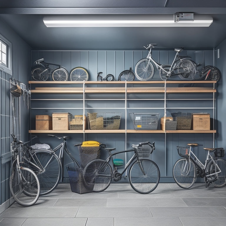 A well-organized garage with a slatwall featuring hooks, bins, and baskets, a modular shelving unit with labeled containers, and a ceiling-mounted bike rack, all in a clean, modern, and brightly lit space.