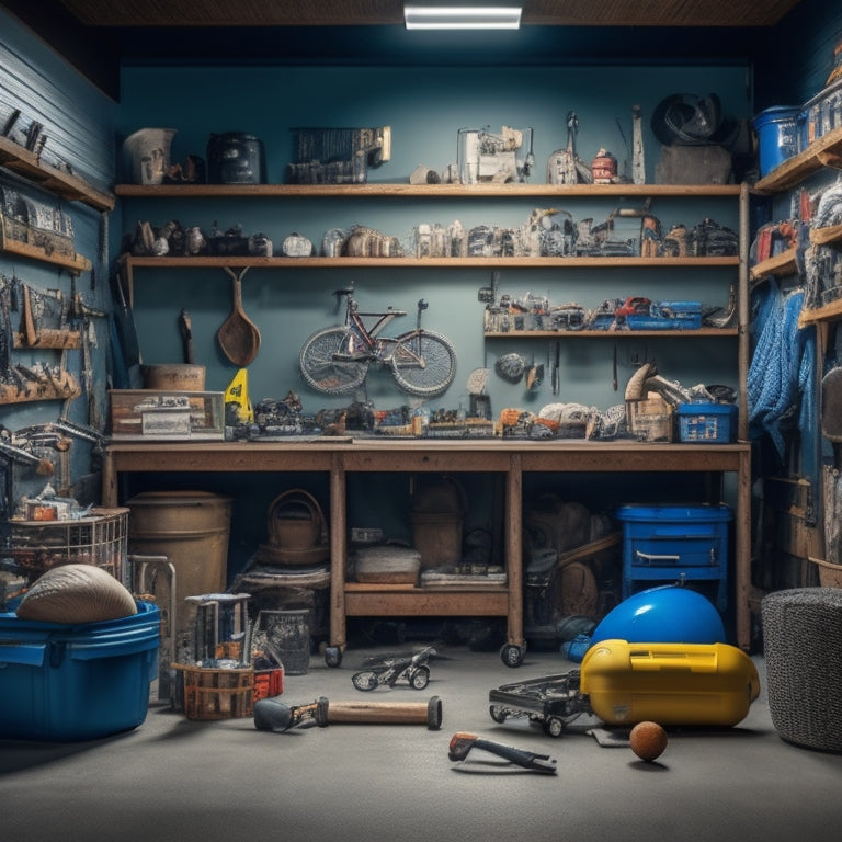 A cluttered garage with tools and sports equipment scattered everywhere, contrasted with a clean and organized garage in the background, featuring labeled bins and a sleek workbench.