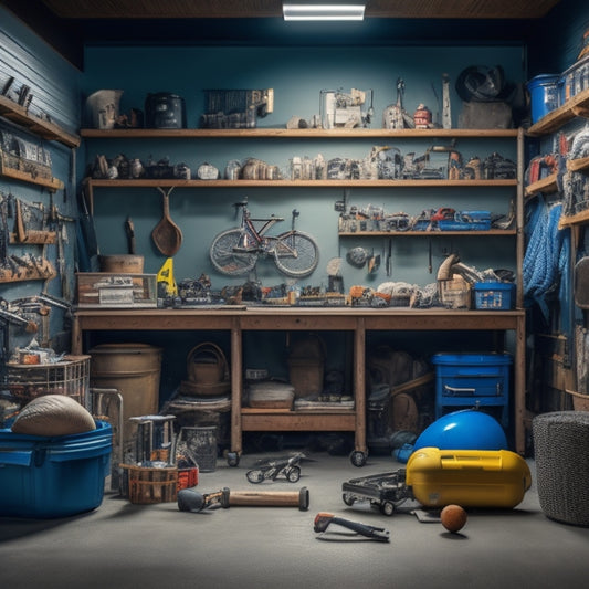 A cluttered garage with tools and sports equipment scattered everywhere, contrasted with a clean and organized garage in the background, featuring labeled bins and a sleek workbench.