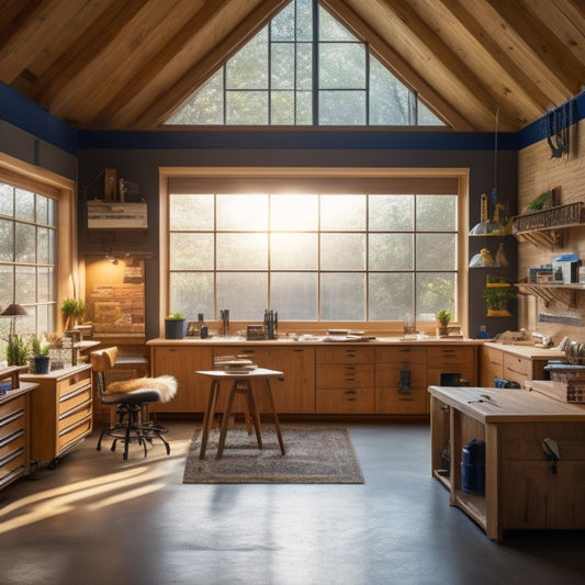 A well-lit, spacious garage transformed into a dream studio with a sleek wooden workbench, organized tool storage, and a colorful inspiration board, surrounded by natural light pouring in through large windows.