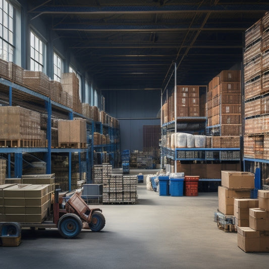 A cluttered industrial warehouse with various heavy-duty shelving units in the background, each stacked with an assortment of bulky items like crates, machinery, and pallets of goods.