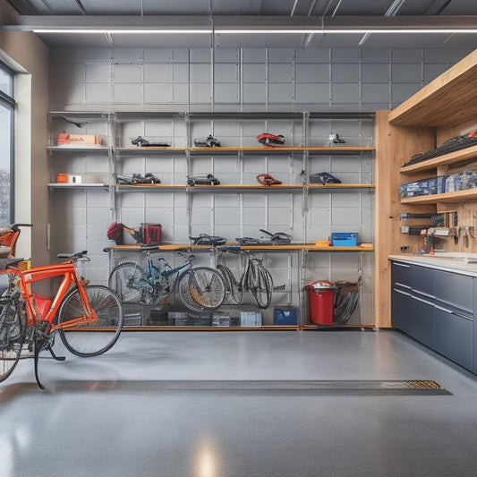 A sleek, modern garage with polished concrete floors, lined with custom cabinetry and a pegboard adorned with organized tools, surrounded by a few luxury cars and a few bicycles.