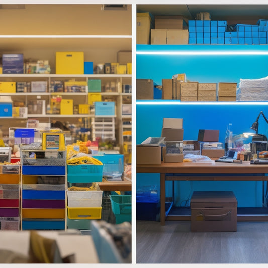 A split-screen image: on one side, a cluttered, dimly lit moving space with scattered boxes and chaotic mess; on the other, a bright, organized space with color-coded labels and a sleek, modern clipboard with a moving tracker sheet.