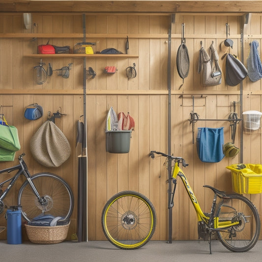 A clutter-free garage with a slatwall featuring hooks for hanging bikes, kayaks, and camping gear, alongside a pegboard with bins and baskets storing outdoor equipment and accessories.