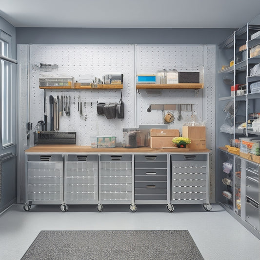 A well-organized garage with sleek, silver cabinets, slotted walls, and labeled bins, featuring a pegboard with hanging tools, a workstation with a built-in vise, and a floor-to-ceiling storage system.