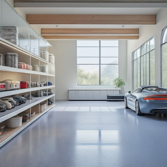 A modern, sleek garage interior with a silver sports car, polished concrete floor, and rows of organized storage cabinets, shelves, and hooks, illuminated by natural light pouring in through large windows.