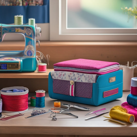 A colorful, organized sewing station featuring a retrofitted tackle box with labeled compartments, surrounded by neatly arranged threads, scissors, and a sewing machine in the background.