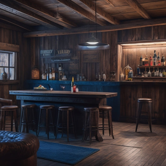 A dimly lit, rustic shed transformed into a luxurious man cave with a leather sectional sofa, neon signs, a pool table, and a fully stocked bar with wooden stools.