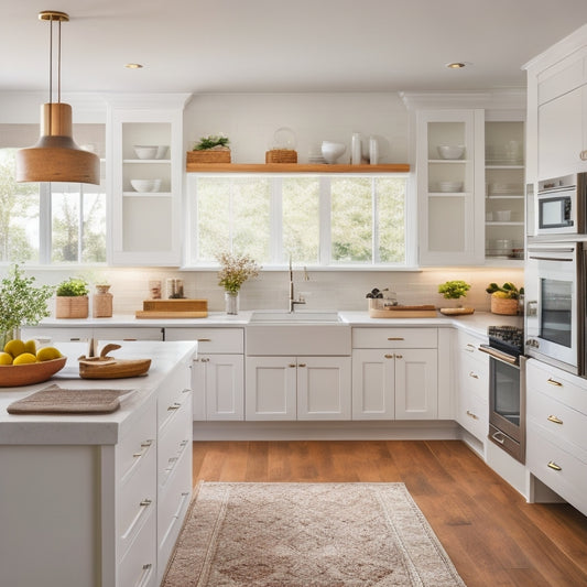 A bright, modern kitchen with sleek white cabinets, warm wood accents, and a large island featuring built-in drawers, a pull-out spice rack, and a utensil organizer, surrounded by natural light.